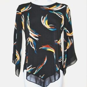 Black Kimono Blouse Multicolor Brushstroke Top Women's Petite PP Semi Sheer